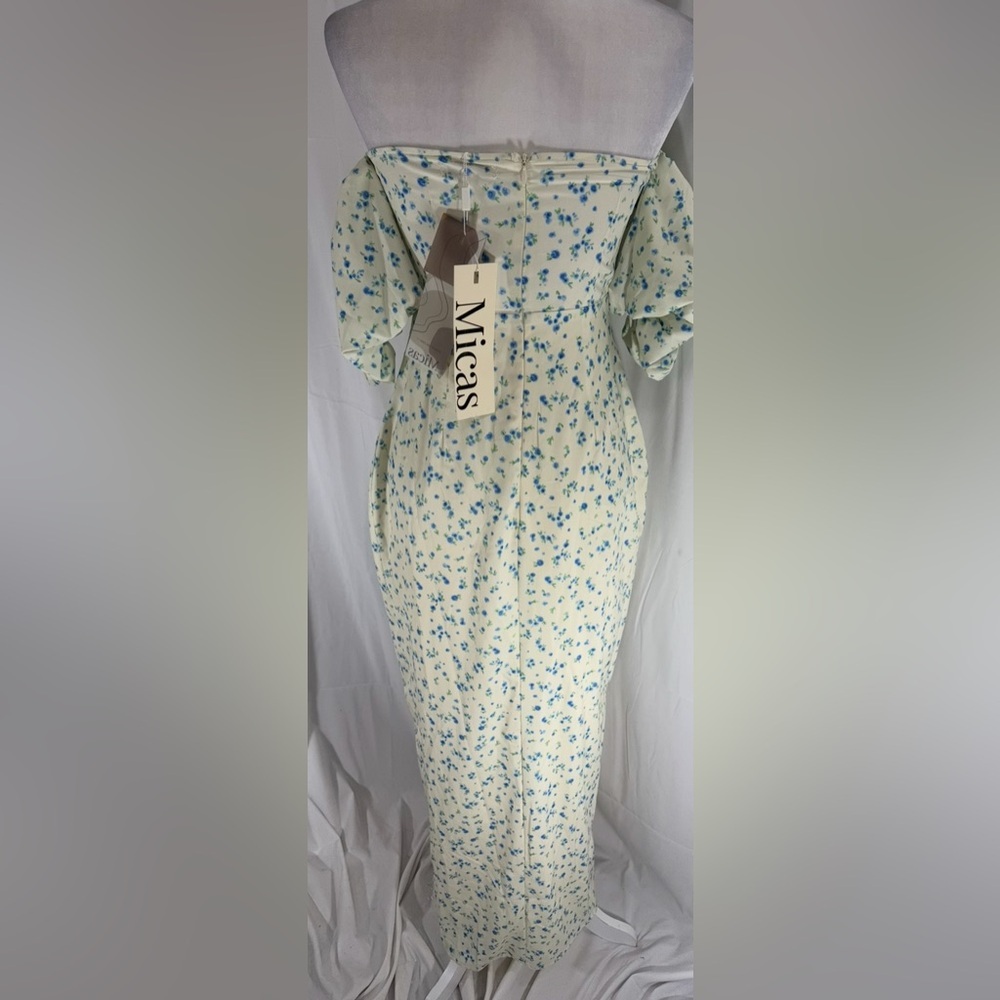 Micas Off-Shoulder Floral Maxi Dress Cream Blue M NWT - Picture 7 of 9